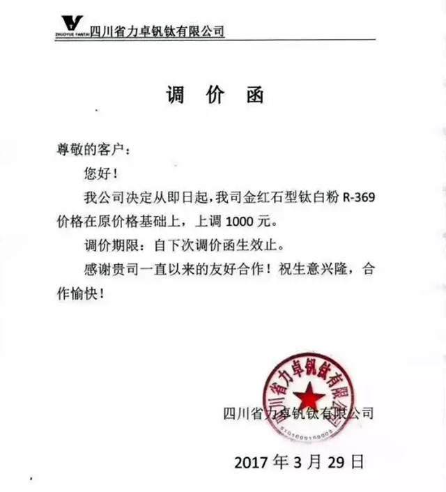 钛白粉又提价了......13家企业调价函来袭!