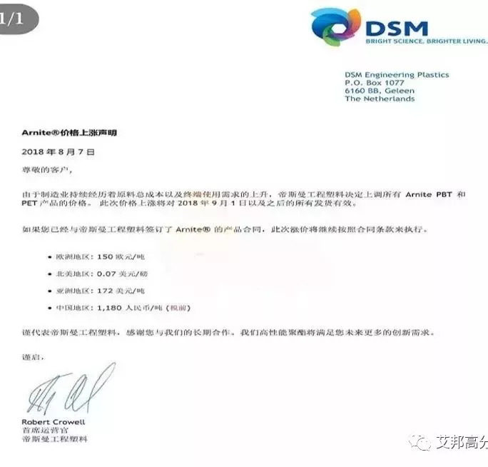8月，PBT/PET漲價通知函