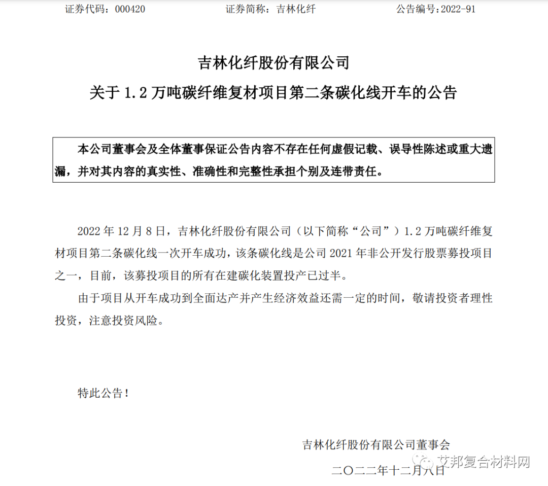 吉林化纤12000吨碳纤维复材项目第二条碳化线开车成功