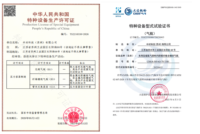 中材科技（苏州）取得70MPa-IV型储氢气瓶制造许可证
