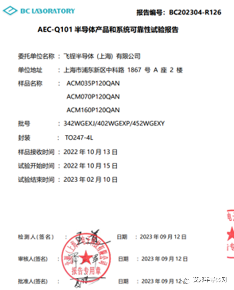 飞锃半导体自主研发的SiC MOSFET 获得AEC-Q101车规认证