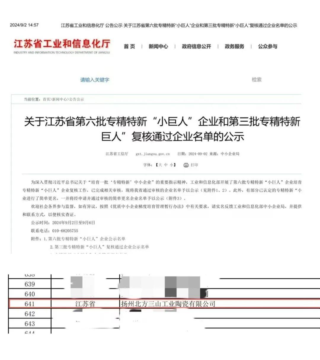 【喜报】我所下属子公司扬州北方三山工业陶瓷有限公司顺利获批国家级专精特新“小巨人”企业称号