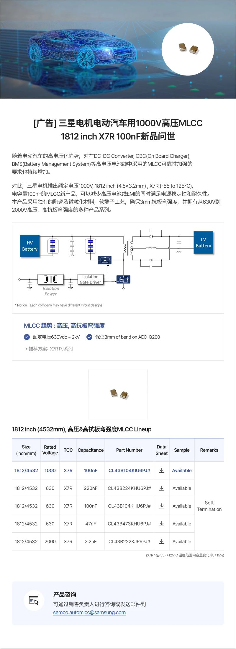 三星电机电动汽车用1000V高压MLCC1812inch X7R 100nF新品问世